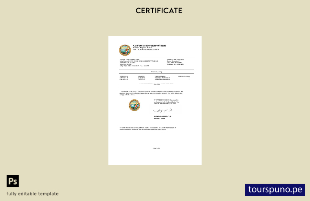 listo para imprimir Certificado de autenticación de documentos del estado de Cal